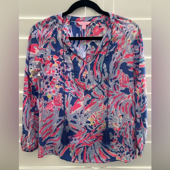 Lilly Pulitzer SARIA Silk Top Blouse Iris Pink Blue Shrimpy Chic BNWOT XXS - Picture 2 of 7
